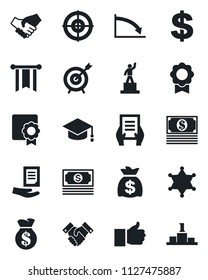 Set of vector isolated black icon - dollar sign vector, pedestal, graduate, money bag, document, cash, finger up, sertificate, target, handshake, police, pennon, crisis
