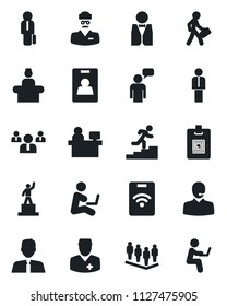 Set of vector isolated black icon - reception vector, manager, speaking man, pedestal, team, place, doctor, identity card, support, career ladder, estate agent, waiter, pass, with notebook