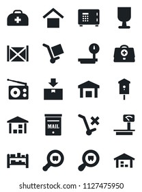 Set of vector isolated black icon - safe vector, bird house, doctor case, container, fragile, cargo, warehouse storage, no trolley, package, heavy scales, search, rack, radio, mailbox