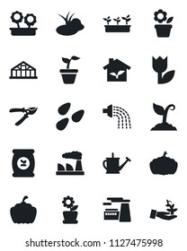 Set of vector isolated black icon - factory vector, flower in pot, seedling, watering can, sproute, pruner, pumpkin, greenhouse, seeds, pond, fertilizer, tulip, eco house, palm