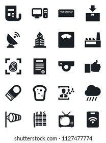 Set of vector isolated black icon - wind vector, seat map, rain, scales, package, satellite antenna, news, finger up, office building, hr, contract, tv, factory, reserved, bread, fingerprint, pc