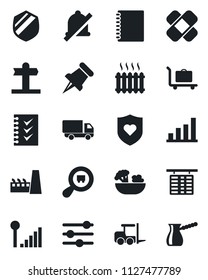 Set of vector isolated black icon - baggage trolley vector, fork loader, flight table, patch, heart shield, signpost, car delivery, search cargo, paper pin, tuning, mute, cellular signal, copybook