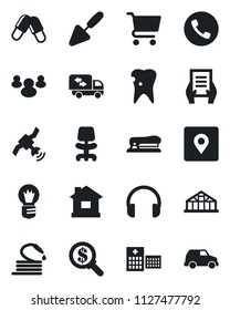 Set of vector isolated black icon - phone vector, office chair, document, bulb, trowel, house, hose, greenhouse, pills, caries, hospital, satellite, headphones, group, place tag, stapler, moving