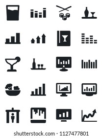 Set of vector isolated black icon - security gate vector, statistic monitor, barcode, equalizer, scanner, statistics, bar graph, alcohol, wine card, drink, cocktail, salad, sushi, arrow up, growth