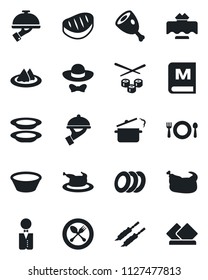 Set of vector isolated black icon - spoon and fork vector, waiter, restaurant table, serviette, cafe, menu, plates, dress code, chicken, steak, kebab, ham, bowl, steaming pan, sushi