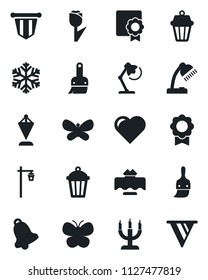 Set of vector isolated black icon - pennant vector, butterfly, garden light, heart, tulip, themes, bell, sertificate, desk lamp, restaurant table, candle, snowflake, outdoor, pennon