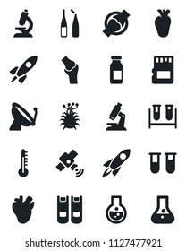 Set of vector isolated black icon - satellite antenna vector, book, blood test vial, microscope, ampoule, real heart, joint, virus, sd, thermometer, rocket, flask