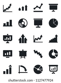 Set of vector isolated black icon - growth statistic vector, presentation board, crisis graph, monitor, circle chart, bar, pie, point, arrow up