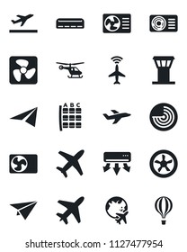Set of vector isolated black icon - plane vector, airport tower, radar, departure, helicopter, seat map, globe, air conditioner, fan, paper, balloon