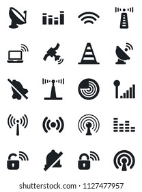 Set of vector isolated black icon - antenna vector, wireless notebook, border cone, radar, satellite, equalizer, mute, cellular signal, lock