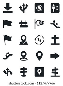 Set of vector isolated black icon - elevator vector, escalator, signpost, right arrow, wind, route, pin, download, place tag, compass, flag, guidepost
