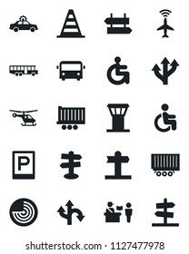 Set of vector isolated black icon - airport tower vector, plane radar, bus, parking, passport control, signpost, alarm car, border cone, helicopter, disabled, route, truck trailer, guidepost