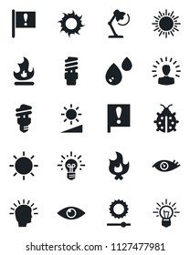 Set of vector isolated black icon - sun vector, lady bug, fire, eye, important flag, brightness, desk lamp, water, energy saving bulb, shining head, idea