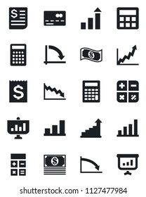 Set of vector isolated black icon - credit card vector, growth statistic, calculator, crisis graph, receipt, bar, cash, presentation