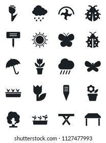 Set of vector isolated black icon - umbrella vector, sun, flower in pot, ripper, tree, butterfly, lady bug, seedling, rain, plant label, picnic table, tulip