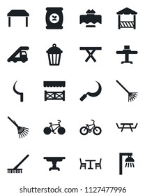 Set of vector isolated black icon - cafe vector, ladder car, rake, sickle, garden light, picnic table, fertilizer, bike, restaurant, alcove, outdoor lamp