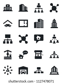 Set of vector isolated black icon - hierarchy vector, well, molecule, hospital, office building, garage, plan, home message