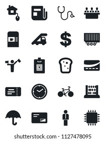 Set of vector isolated black icon - dispatcher vector, coffee machine, ticket, ladder car, manager, dollar sign, abacus, stethoscope, bike, truck trailer, umbrella, news, mail, clock, identity card