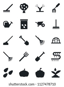Set of vector isolated black icon - job vector, garden fork, shovel, farm, rake, watering can, wheelbarrow, hoe, pumpkin, greenhouse, seeds, drip irrigation, fruit tree