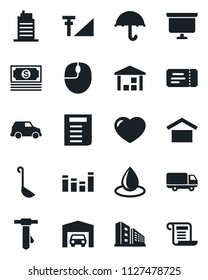 Set of vector isolated black icon - ticket vector, mouse, tie, document, presentation board, water drop, cash, car delivery, umbrella, warehouse storage, equalizer, heart, cellular signal, garage