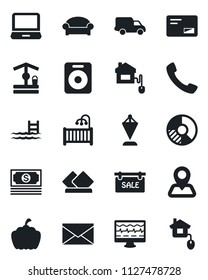 Set of vector isolated black icon - waiting area vector, mail, pennant, circle chart, well, pumpkin, monitor pulse, navigation, cash, car delivery, laptop pc, speaker, call, pool, sale, serviette