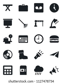 Set of vector isolated black icon - barrier vector, coffee machine, luggage scales, case, circle chart, rake, boot, rain, picnic table, calculator, clock, record, torch, calendar, presentation board