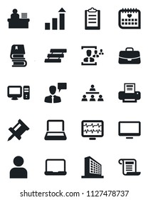 Set of vector isolated black icon - speaking man vector, office building, growth statistic, case, monitor pulse, medical calendar, user, clipboard, drawing pin, hr, manager desk, printer, paper tray