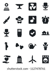 Set of vector isolated black icon - office chair vector, flower in pot, watering can, garden knife, heart hand, broken bone, pregnancy, shield, alarm, music, house with tree, sun panel, windmill