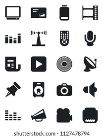 Set of vector isolated black icon - satellite antenna vector, film frame, vinyl, camera, news, speaker, loudspeaker, equalizer, tv, video, microphone, remote control, paper pin, low battery, mail