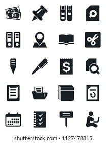 Set of vector isolated black icon - book vector, office binder, pen, document reload, plant label, pin, cash, receipt, clipboard, paper, cut, folder, search, blank box, checklist, calendar
