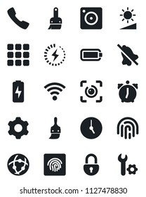 Set of vector isolated black icon - call vector, menu, mobile camera, settings, themes, clock, alarm, network, wireless, mute, brightness, lock, eye id, fingerprint, battery, charge, root setup