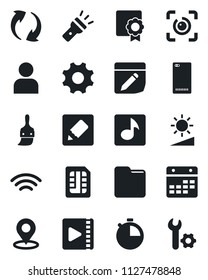Set of vector isolated black icon - phone back vector, update, settings, themes, user, stopwatch, sim, folder, calendar, notes, wireless, torch, brightness, place tag, eye id, music, video