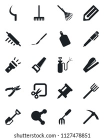 Set of vector isolated black icon - pencil vector, garden fork, shovel, farm, rake, pruner, saw, sickle, sprayer, scalpel, share, torch, cut, drawing pin, pen, stapler, rolling, cutting board