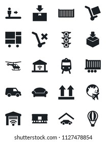 Set of vector isolated black icon - train vector, escalator, waiting area, helicopter, plane globe, traffic light, truck trailer, cargo container, consolidated, up side sign, no trolley, package