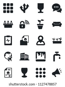 Set of vector isolated black icon - plane globe vector, seedling, pulse clipboard, route, navigation, fragile, dialog, menu, scanner, meeting, water supply, estate document, office building