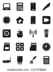 Set of vector isolated black icon - antenna vector, calculator, pen, garden fork, clock, remote control, laptop pc, fast forward, phone back, mobile camera, sd, copier, smart home, chip, router
