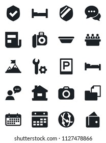 Set of vector isolated black icon - parking vector, bed, meeting, term, folder document, shield, camera, network, dialog, speaker, calendar, root setup, news, house, bedroom, bowl, motivation