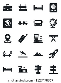 Set of vector isolated black icon - suitcase vector, arrival, airport bus, signpost, passport, globe, bed, baggage larry, building, case, picnic table, route, place tag, compass, mountains, bedroom