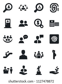 Set of vector isolated black icon - passport control vector, escalator, medical room, speaking man, pedestal, hospital, pregnancy, client, speaker, group, user, fingerprint id, company, hr, meeting
