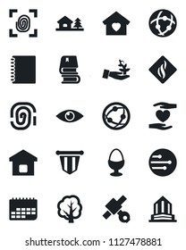 Set of vector isolated black icon - pennant vector, tree, heart hand, eye, satellite, term, network, copybook, book, house with, sweet home, smart, egg stand, fingerprint, smoke detector