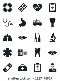 Set of vector isolated black icon - heart pulse vector, doctor case, stethoscope, microscope, pills blister, ampoule, patch, ambulance star, car, stomach, lungs, caries, implant, eye, clipboard