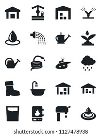 Set of vector isolated black icon - watering can vector, boot, water drop, rain, well, hose, warehouse, pond, supply, bathroom, drink, irrigation, heater