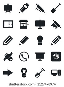 Set of vector isolated black icon - right arrow vector, presentation board, bulb, pencil, shovel, well, satellite, fingerprint id, plan, phone, rolling pin, pc
