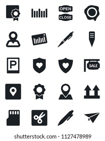 Set of vector isolated black icon - parking vector, pen, stamp, plant label, heart shield, navigation, pin, up side sign, barcode, sd, cut, place tag, sertificate, sale, open close, paper plane