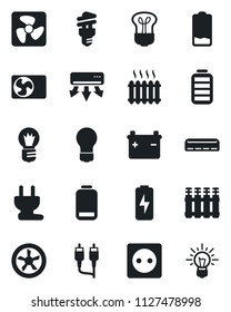 Set of vector isolated black icon - bulb vector, battery, low, rca, charge, heater, air conditioner, socket, power plug, fan, radiator, energy saving, idea