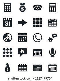 Set of vector isolated black icon - right arrow vector, calendar, circle chart, microphone, menu, calculator, phone, home message, money bag