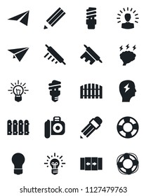 Set of vector isolated black icon - automatic door vector, brainstorm, bulb, camera, pencil, fence, rolling pin, energy saving, shining head, idea, paper plane, crisis management