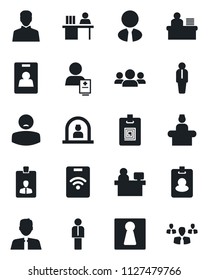 Set of vector isolated black icon - female vector, reception, manager, identity card, place, patient, user, desk, estate agent, pass, group