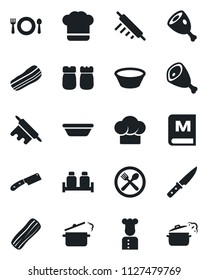 Set of vector isolated black icon - cook vector, cafe, hat, menu, bacon, salt and pepper, ham, bowl, rolling pin, knife, steaming pan