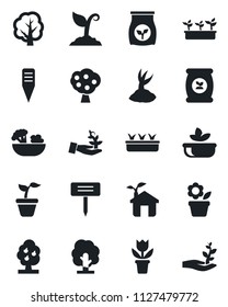 Set of vector isolated black icon - flower in pot vector, seedling, tree, sproute, plant label, fertilizer, fruit, salad, eco house, palm